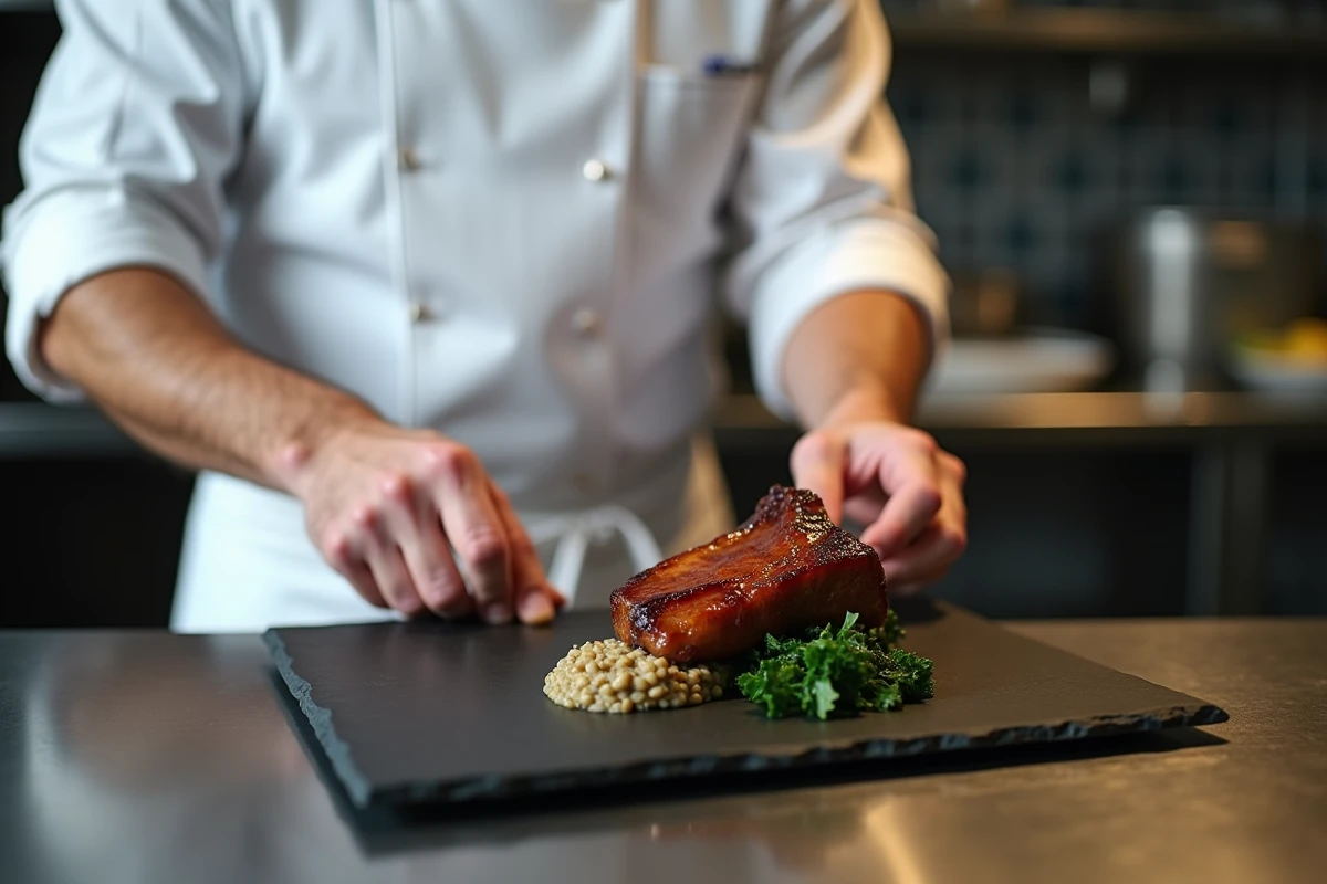 Chef plating un confit de canard avec des lentilles du Puy et du chou kale dans une cuisine de restaurant professionnelle