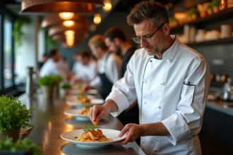 Chef en cuisine en train de dresser un plat de fruits de mer