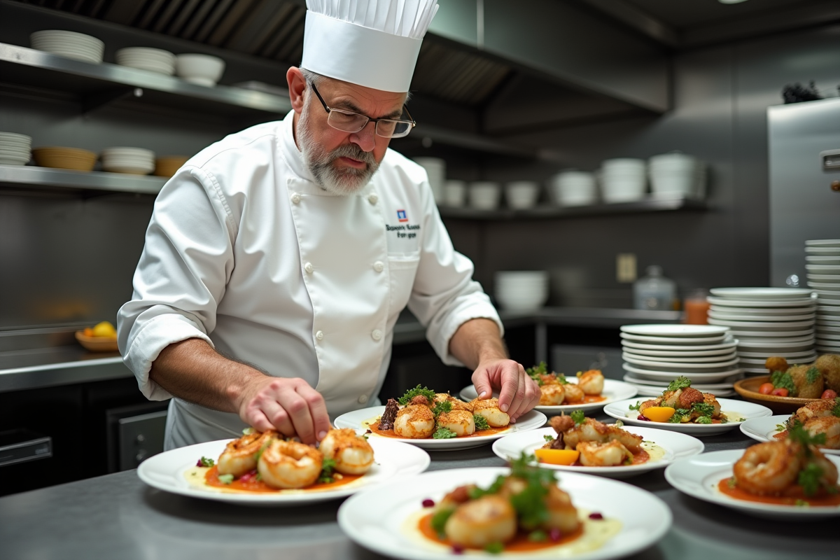Chef professionnel en cuisine préparant coquilles SaintJacques