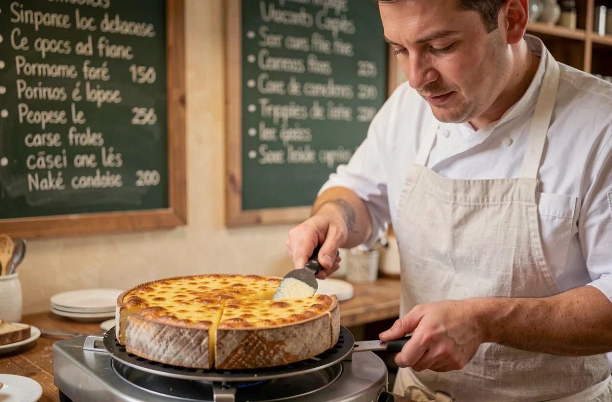 Chef préparant une raclette au fromage fondu dans la cuisine d'un restaurant toulousain