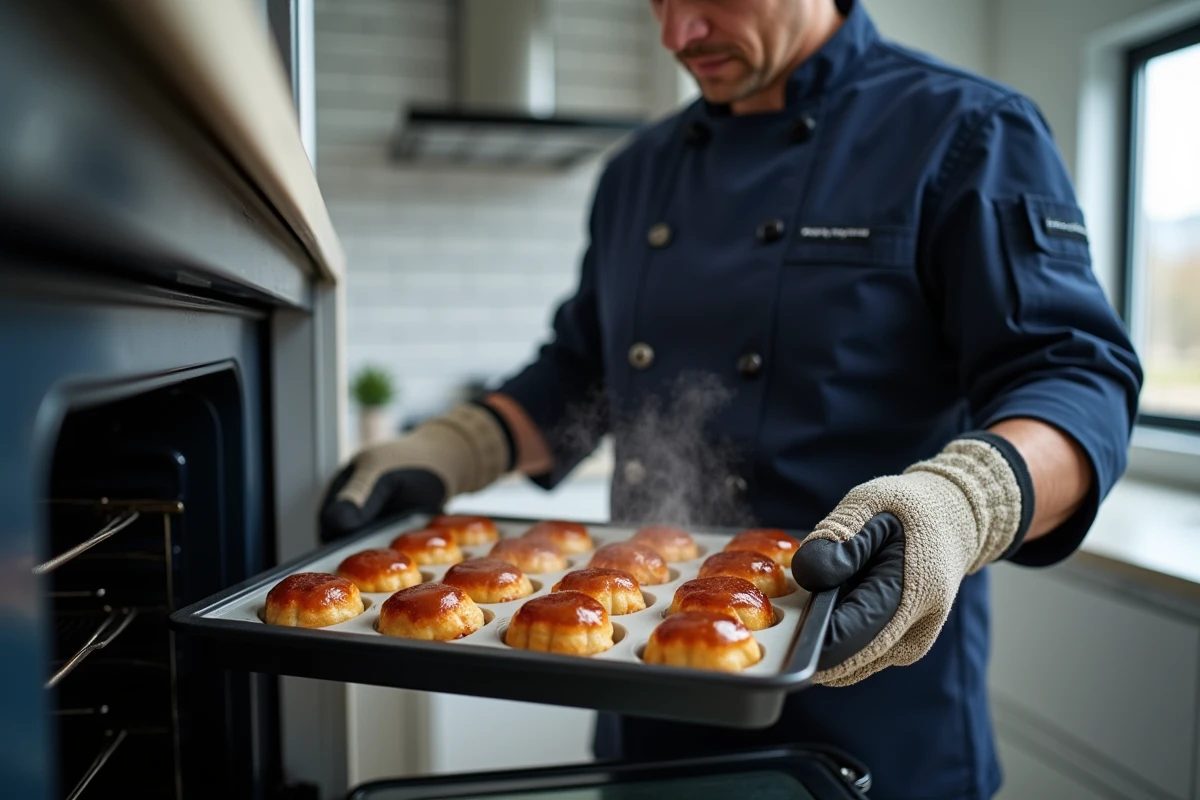Chef retirant un plateau de canelés bordelais du four dans une cuisine moderne équipée