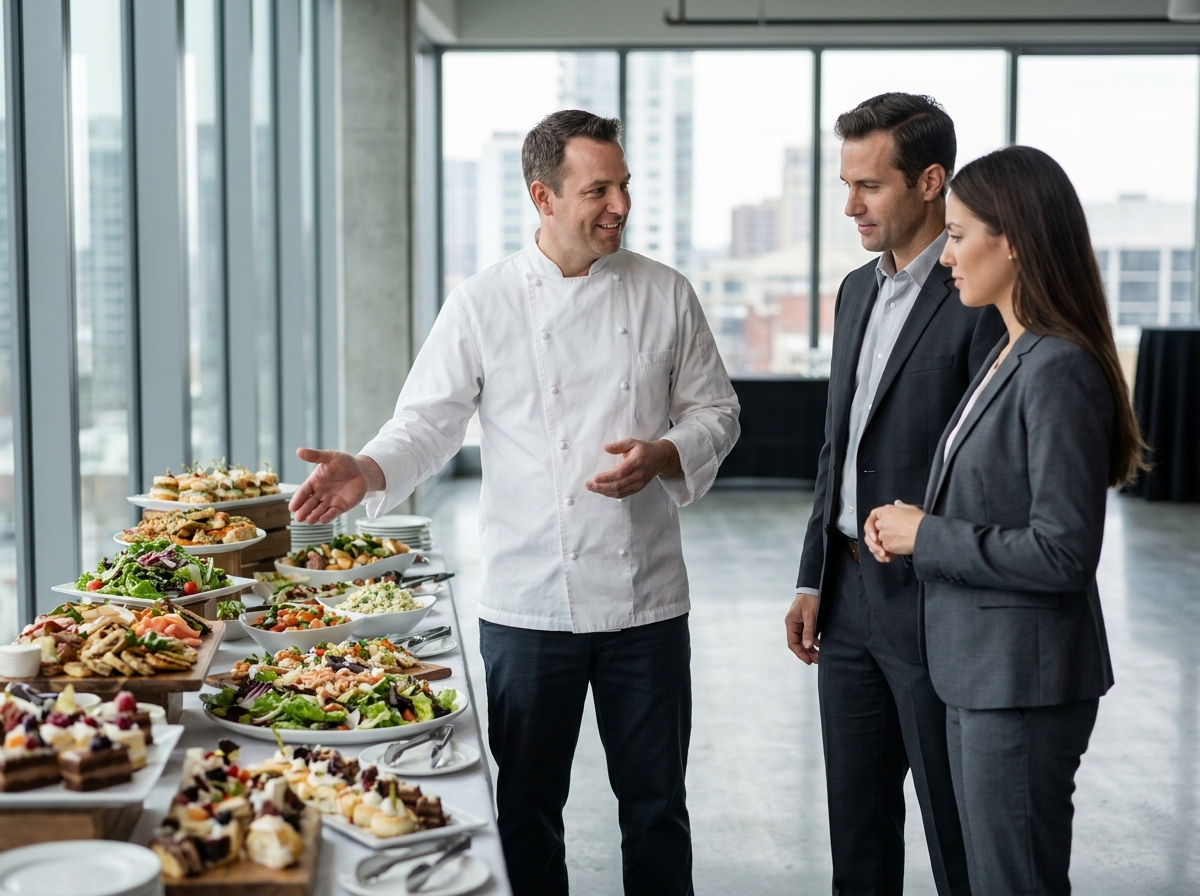 Chef traiteur présentant les options de buffet à des clients dans une salle événementielle moderne