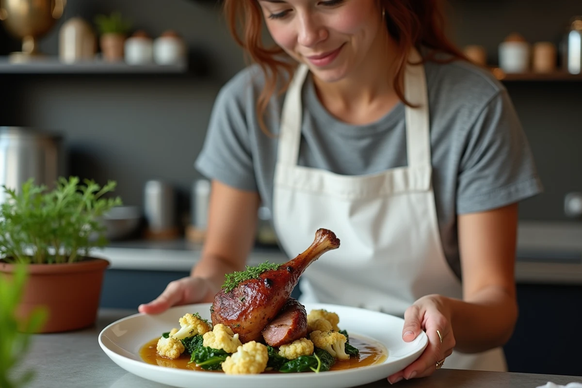 Cheffe cuisinière dressant un confit de canard avec des légumes rôtis comme accompagnement léger