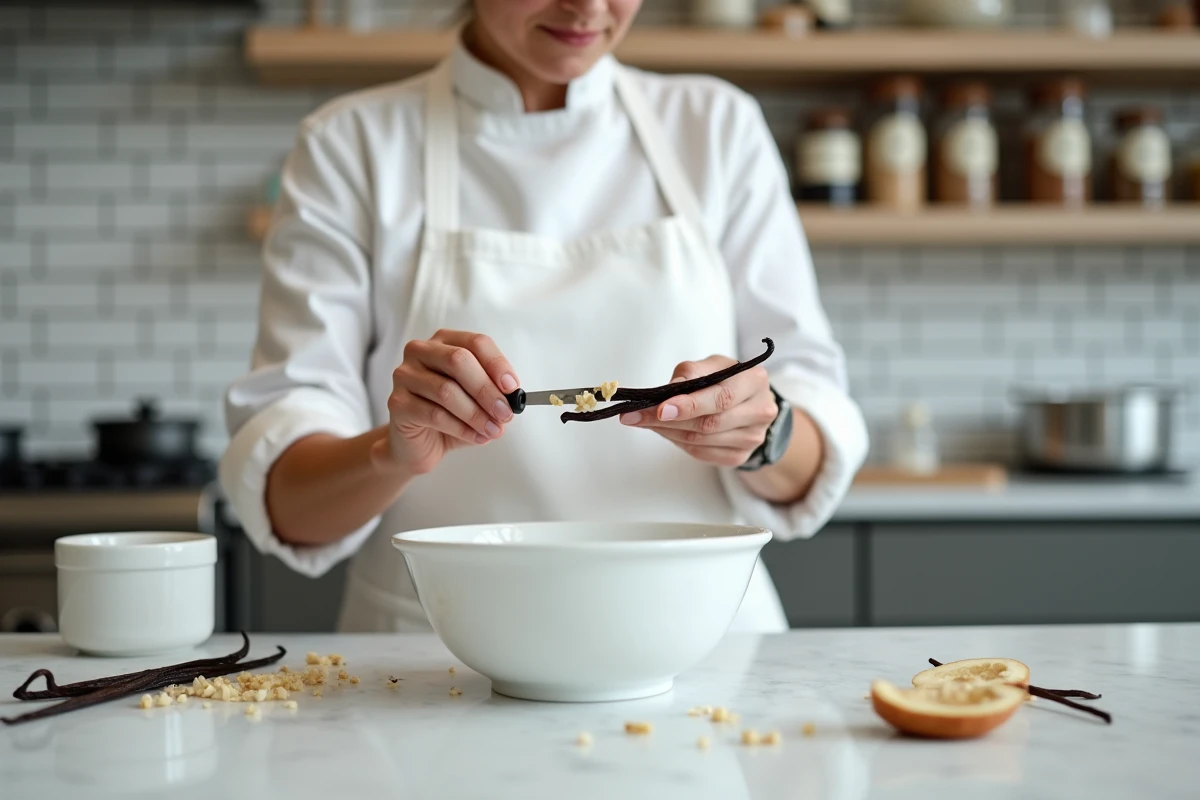Cheffe pâtissière grattant les graines d'une gousse de vanille au-dessus d'un bol en porcelaine dans une cuisine professionnelle