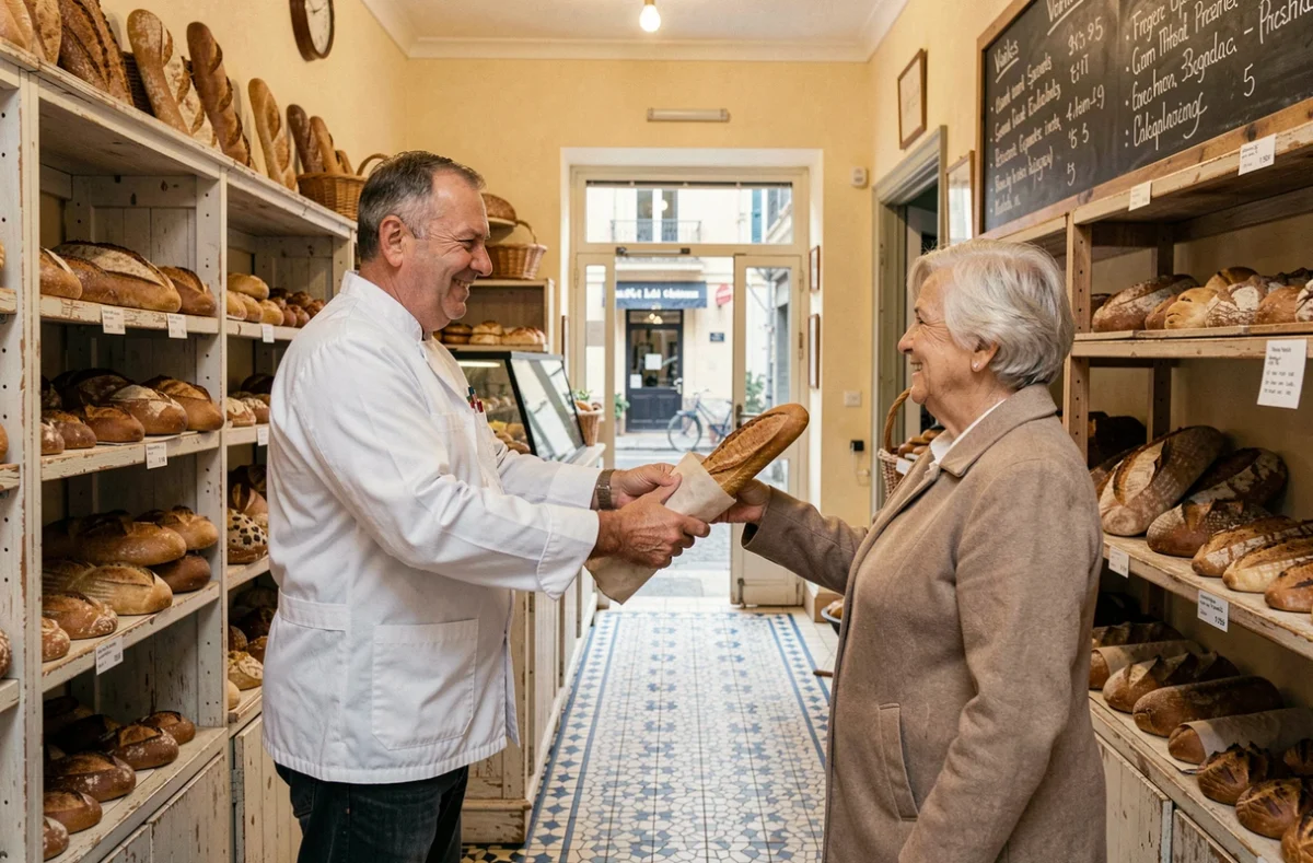 Boulanger remettant une baguette à une cliente dans la boulangerie traditionnelle Chez Maître Pierre à Marseille