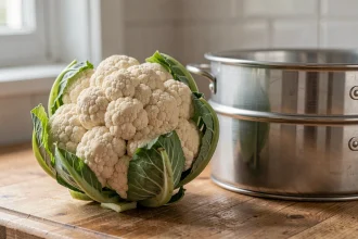 Chou-fleur entier frais posé sur un plan de travail en bois avec un panier vapeur en inox, prêt à être cuit à la vapeur