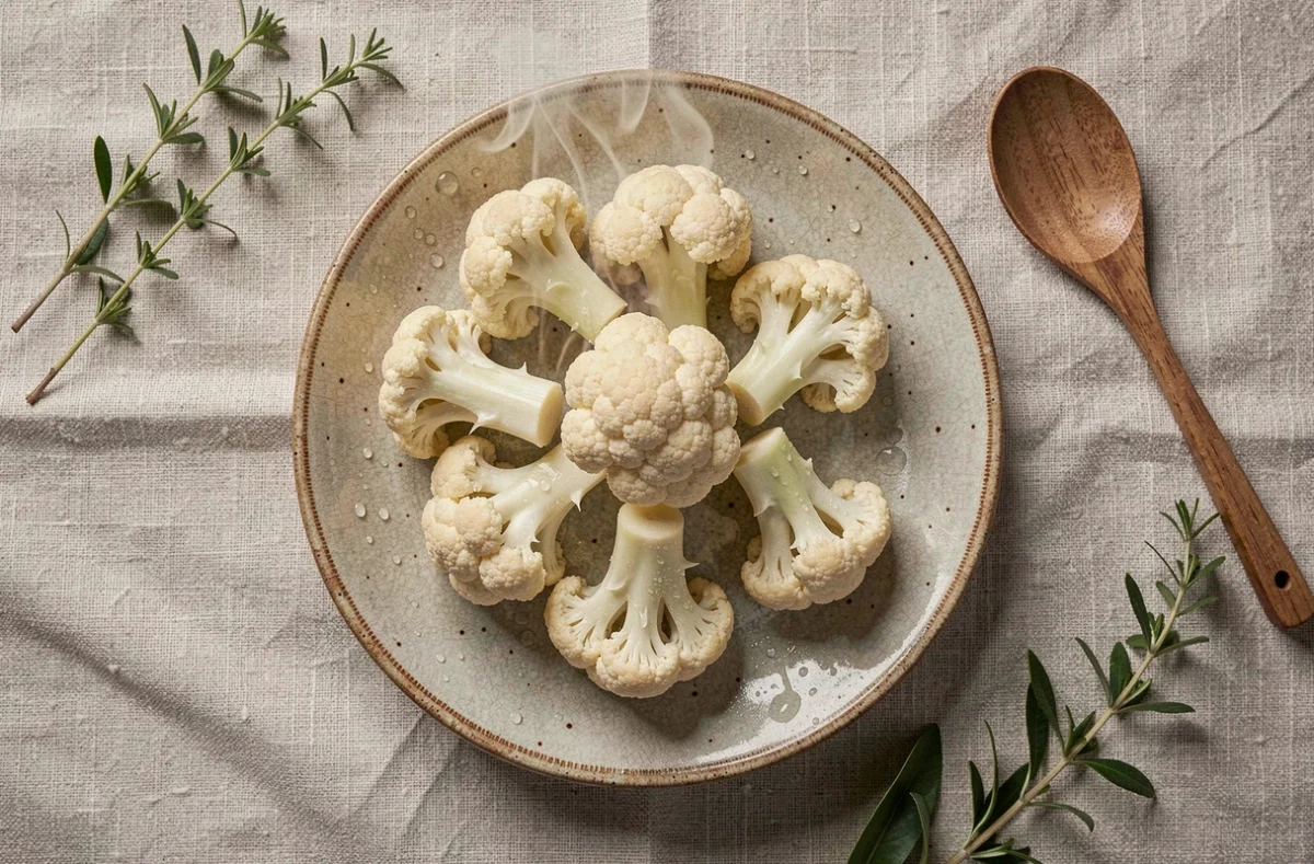 Fleurettes de chou-fleur cuites à la vapeur avec un cœur fondant présentées sur une assiette en céramique rustique avec des herbes fraîches