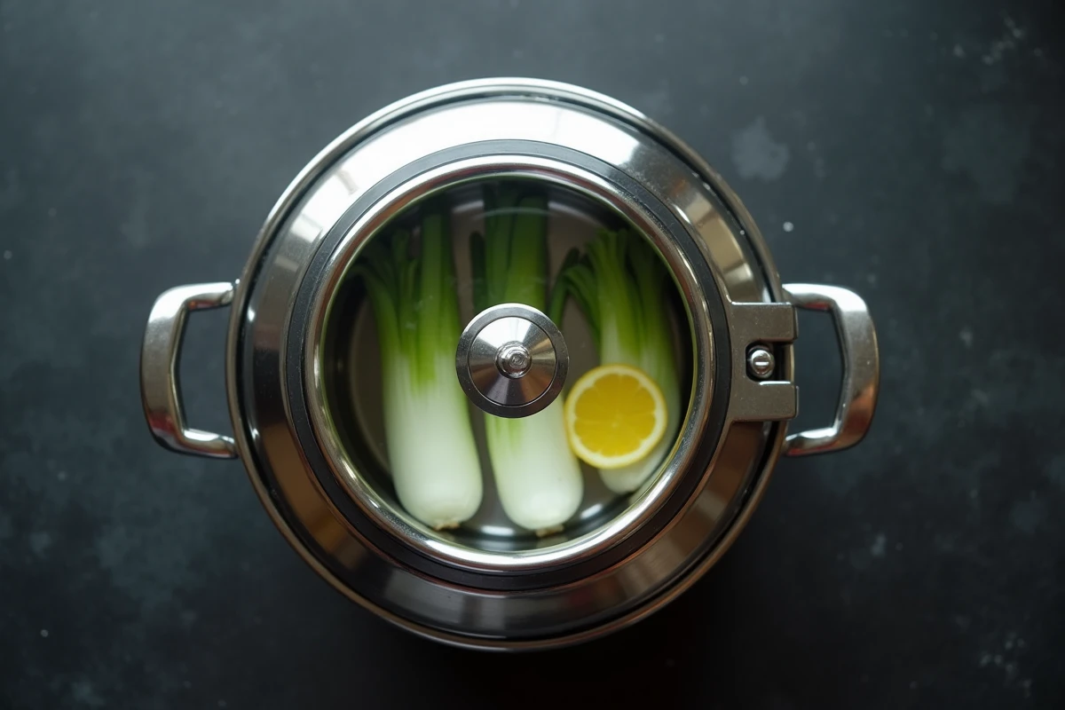 Gros plan sur une cocotte minute fermée avec des endives prêtes à cuire à la vapeur sous pression