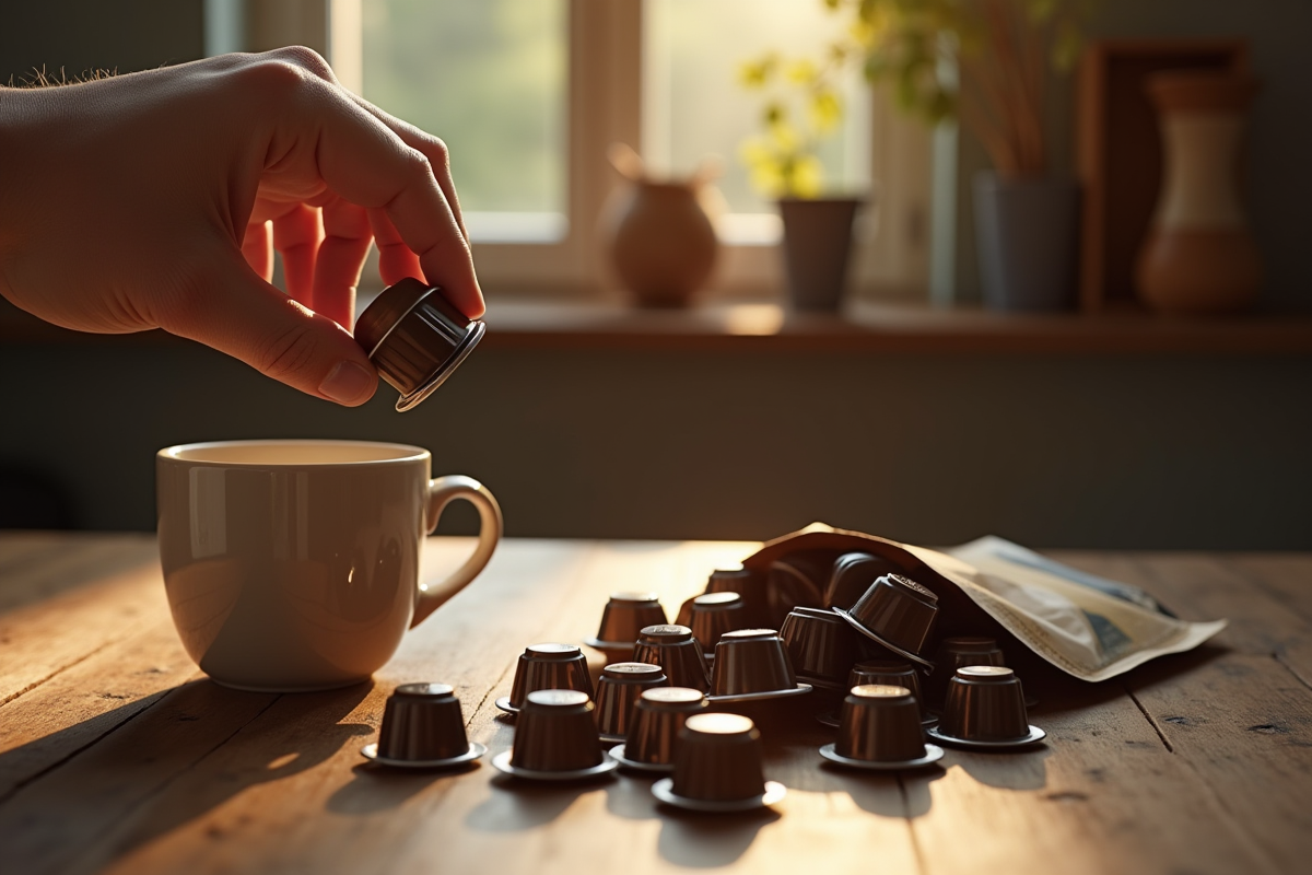 Main tenant une capsule de café au-dessus d