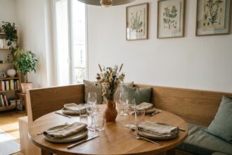 Coin repas convivial avec table ronde en chêne, vaisselle en céramique et banquette intégrée dans un appartement moderne