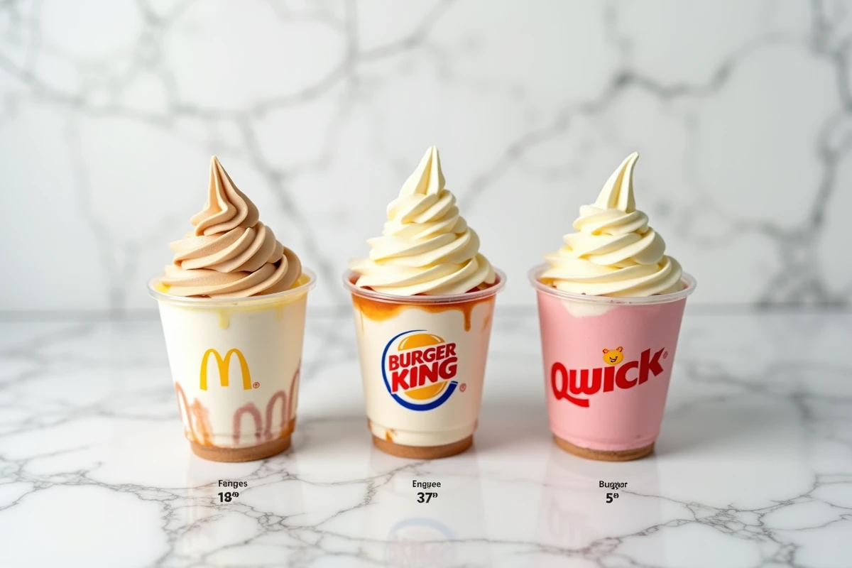 Comparaison de trois desserts glacés McFlurry McDonald's Burger King et Quick alignés sur marbre blanc avec étiquettes de prix