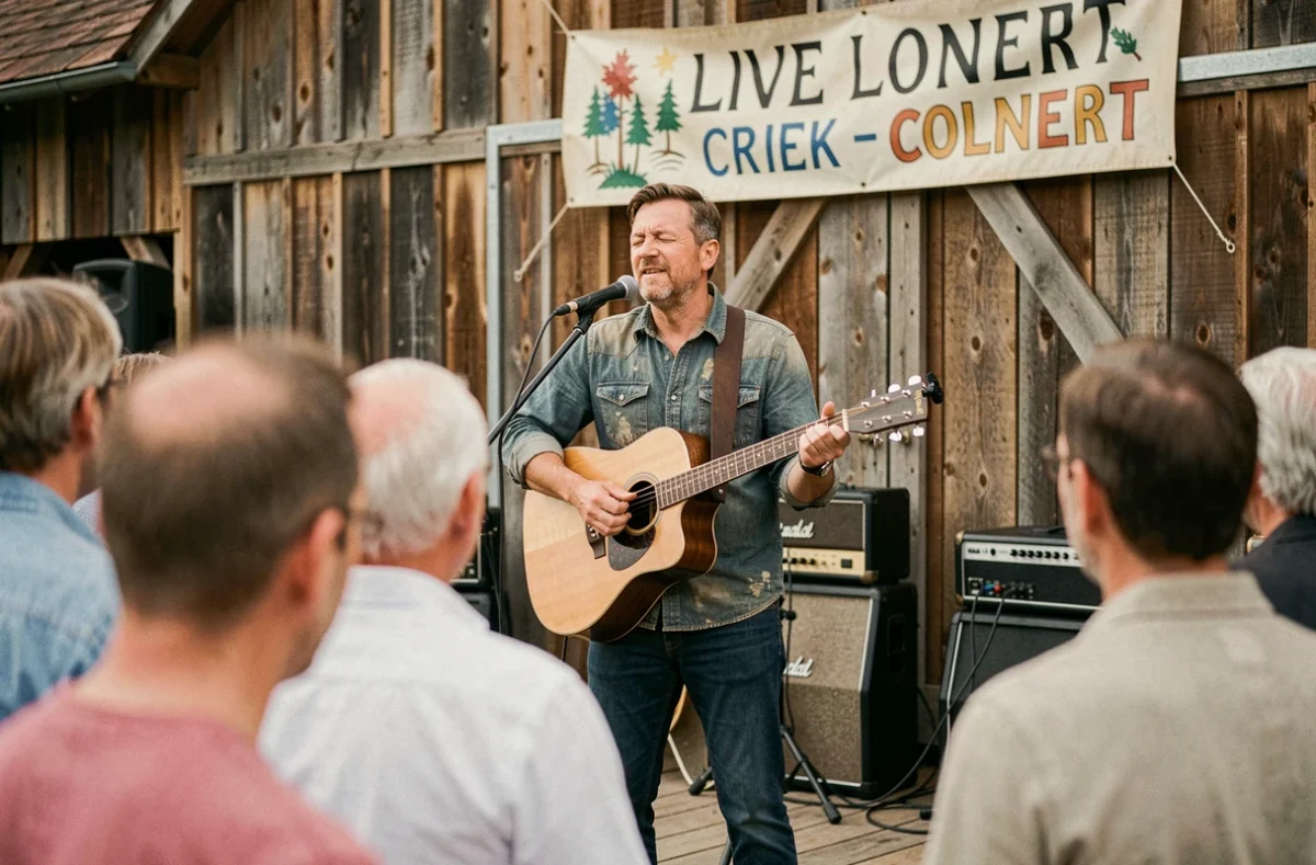 Musicien jouant de la guitare acoustique sur scène lors d'un concert à la Guinguette de la Ferme