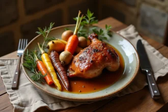 Confit de canard servi avec des légumes racines rôtis sur une table en chêne rustique dans une cuisine de ferme française