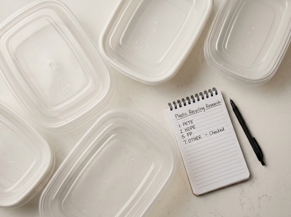 Vue de dessus de grands contenants en plastique avec codes de résine visibles sur un plan de travail