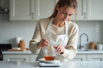 Femme mesurant un liquide en centilitres sur une balance de cuisine numérique affichant les grammes, sur un plan de travail en marbre