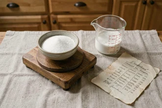 Balance de cuisine en bois avec un bol de sucre blanc et une tasse à mesurer, tableau de conversion manuscrit sur papier vieilli