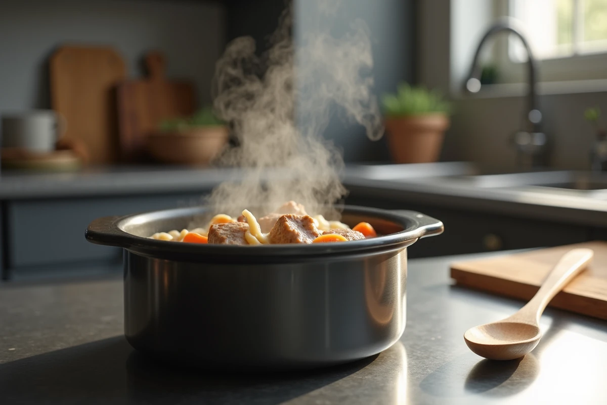 Cookeo multicuiseur ouvert avec blanquette de veau en cours de cuisson, vapeur visible sur plan de travail de cuisine moderne