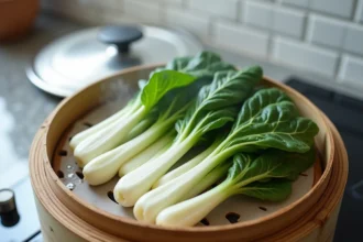 Côtes de blettes en train de cuire à la vapeur dans un panier bambou sur une cuisine moderne