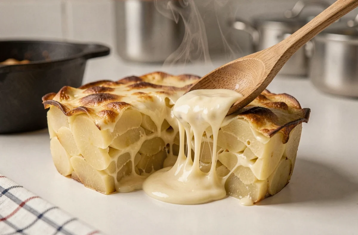 Coupe d'un gratin dauphinois fondant avec des couches de pommes de terre, fromage et crème onctueuse