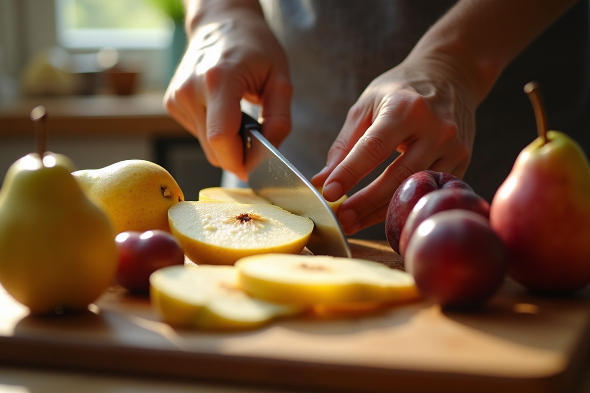 Mains tranchant des poires et prunes sur planche en bois