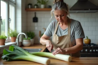 Femme coupant un poireau en deux dans le sens de la longueur sur un plan de travail en bois dans une cuisine rustique