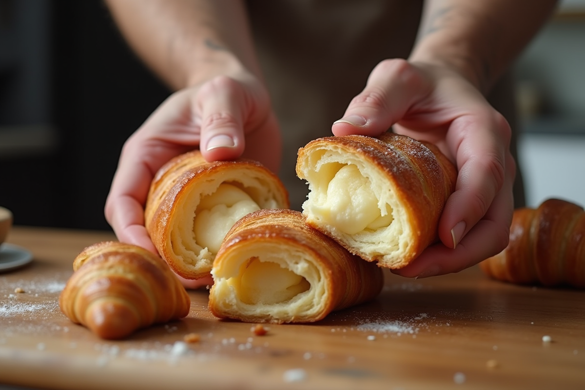 Mains d’un boulanger ouvrant un croissant chaud et feuilleté