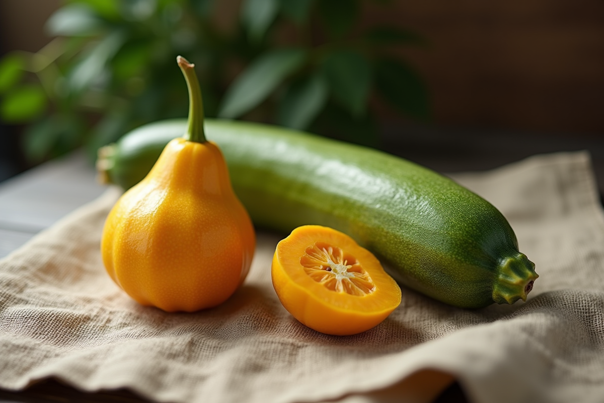 Courgette et zapote côte à côte sur un tissu rustique