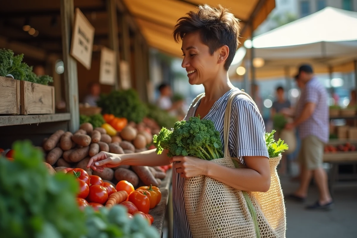 Femme faisant ses courses sur un marché fermier avec des légumes frais de saison dans un filet réutilisable — acheter sainement pour composer des menus nutritifs équilibrés