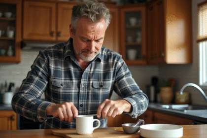 Homme en chemise à carreaux affutant un couteau de cuisine