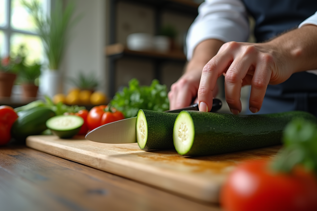Chef coupant un zucchini frais sur une planche en bois