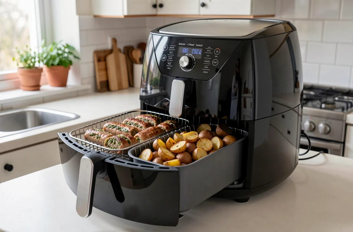 Crépinette et pommes de terre cuites dans deux paniers d'air fryer