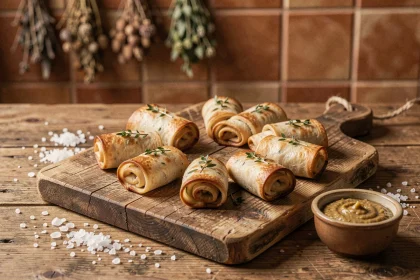 Mini crépinettes apéritif dorées sur planche en bois rustique avec moutarde à l'ancienne et thym frais