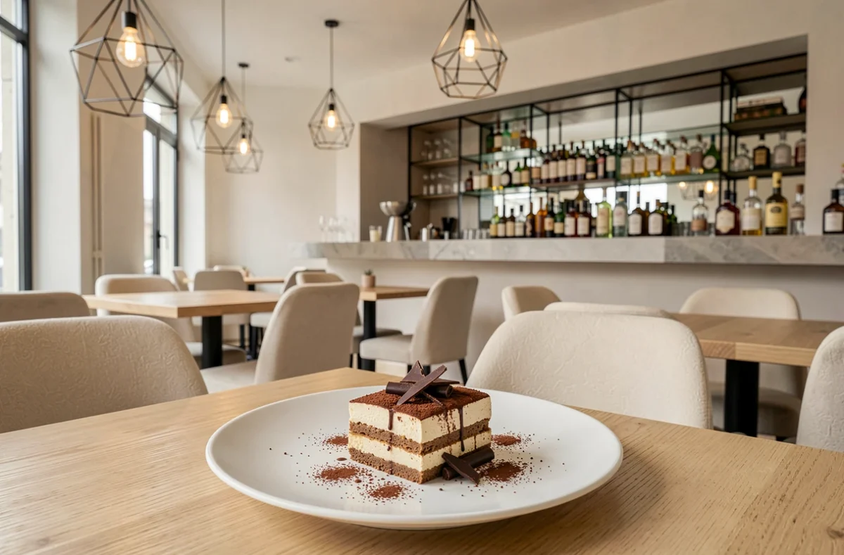 Salle contemporaine et épurée du restaurant Crescendo à Pamiers avec tiramisu revisité en avant-plan