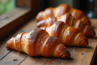 Croissants et pains au chocolat frais sur une table en bois