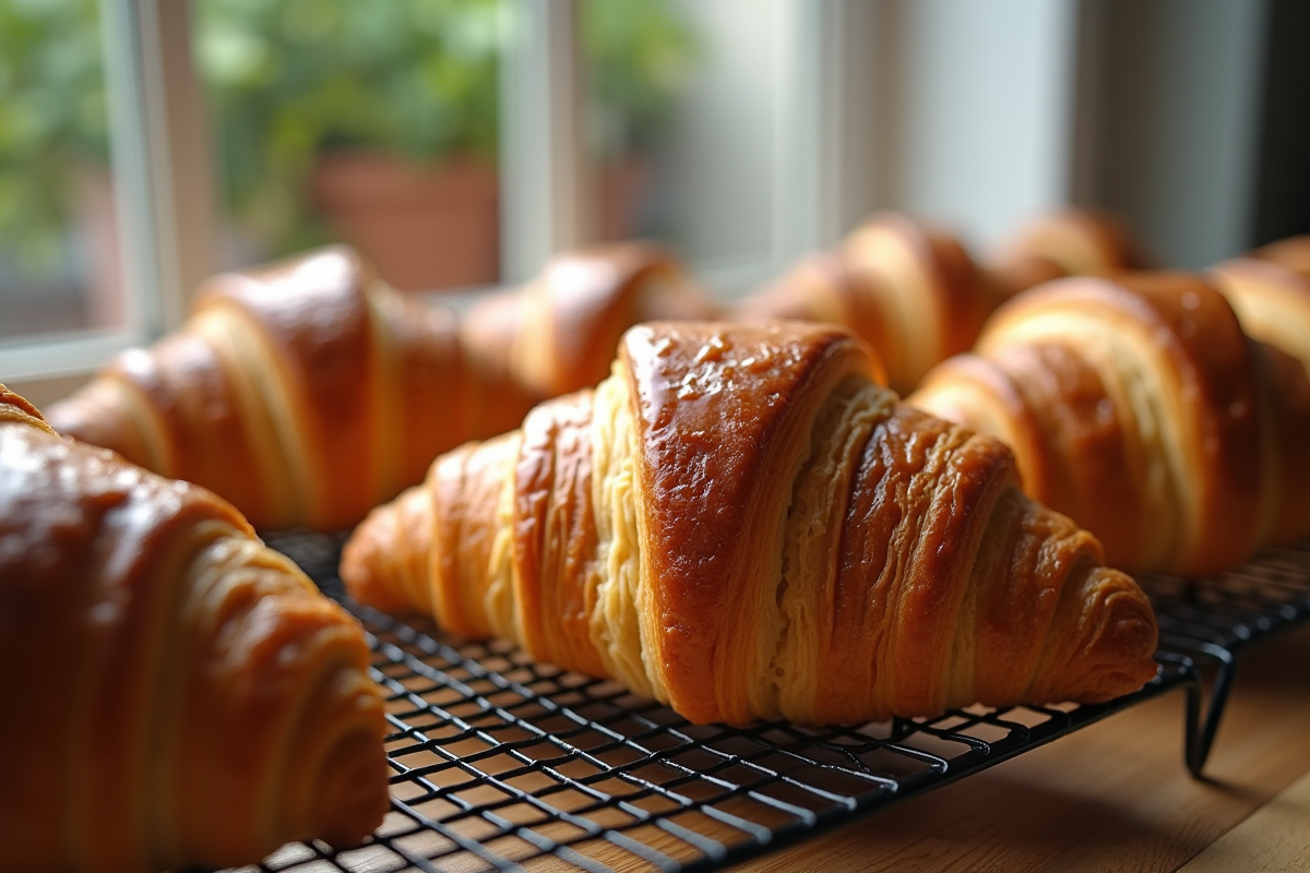 Croissants dorés et viennoiseries refroidissant sur une grille