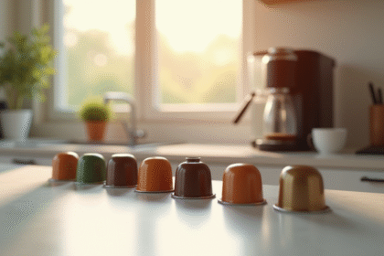 Plan rapproché de capsules de café sur un comptoir moderne