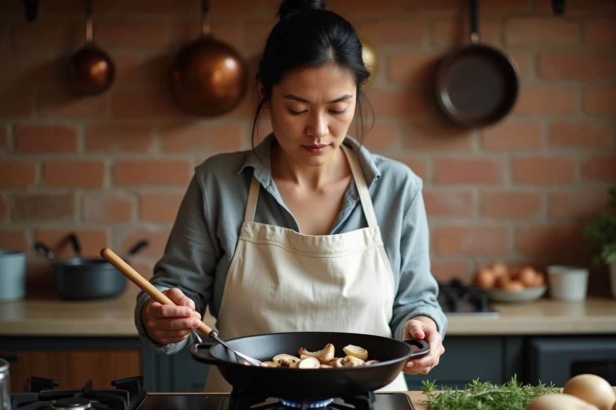 Femme cuisinant des champignons Charbonnier sautés dans une poêle en fonte avec du beurre et du thym frais