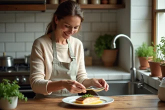 Femme en cuisine préparant un filet julienne avec sauce moutarde
