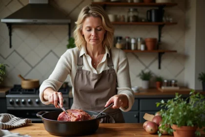 Femme cuisinant un rôti de porc dans une cuisine chaleureuse