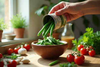 Scène de cuisine fraîche avec des haricots verts en conserve dans un bol en céramique