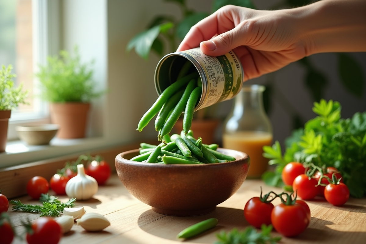 Scène de cuisine fraîche avec des haricots verts en conserve dans un bol en céramique