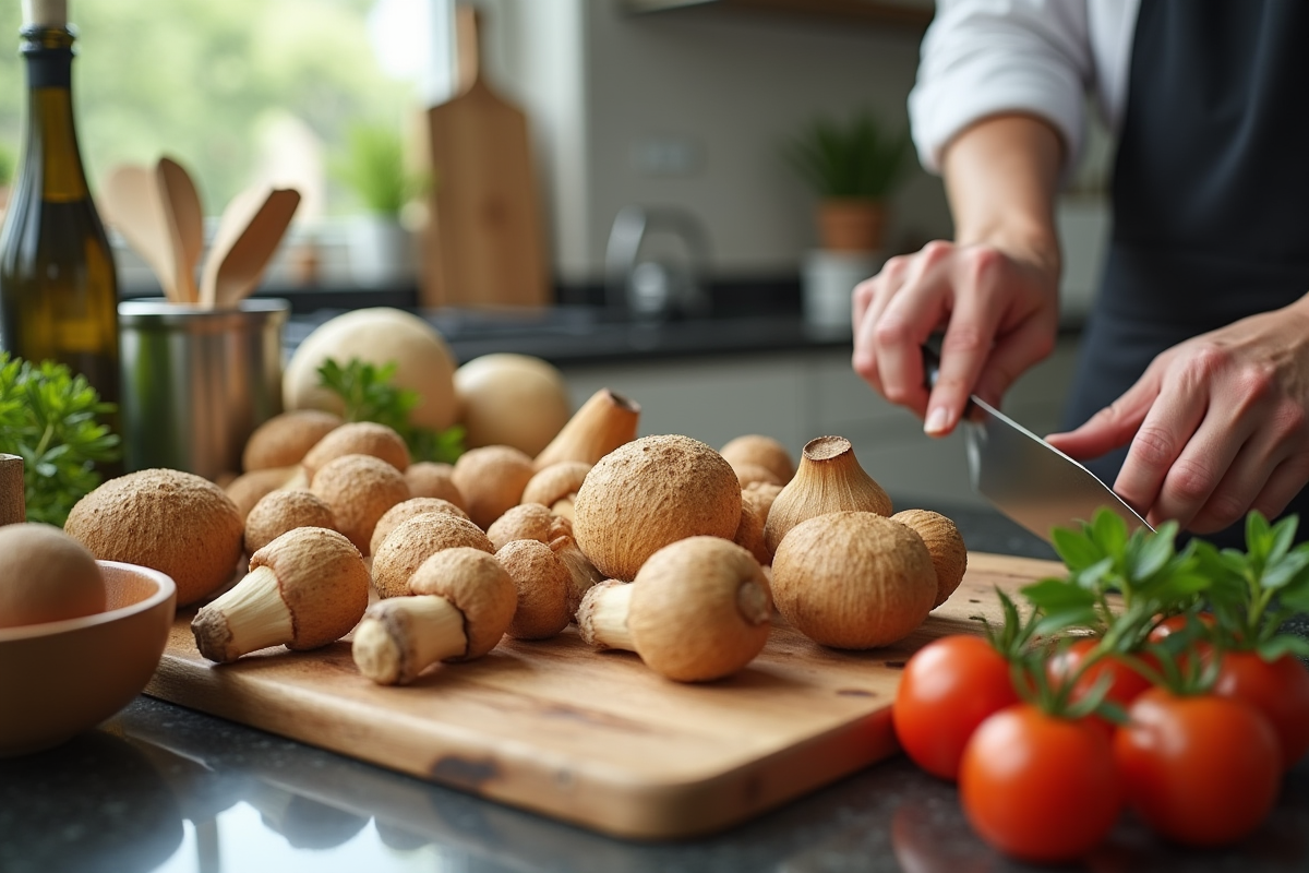 Couteau et girolles fraîches sur un plan de travail