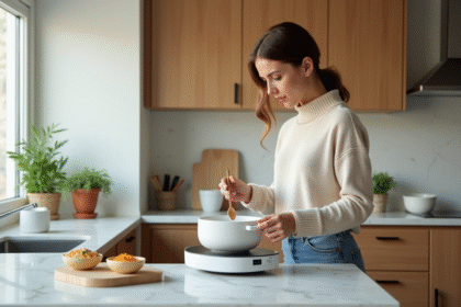 Femme préparant une soupe avec robot cuisine moderne