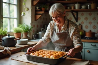 Femme en tablier préparant un chou farci dans une cuisine rustique