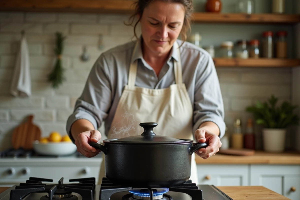 Cuisinier déposant le couvercle sur une cocotte en fonte sur une cuisinière à gaz