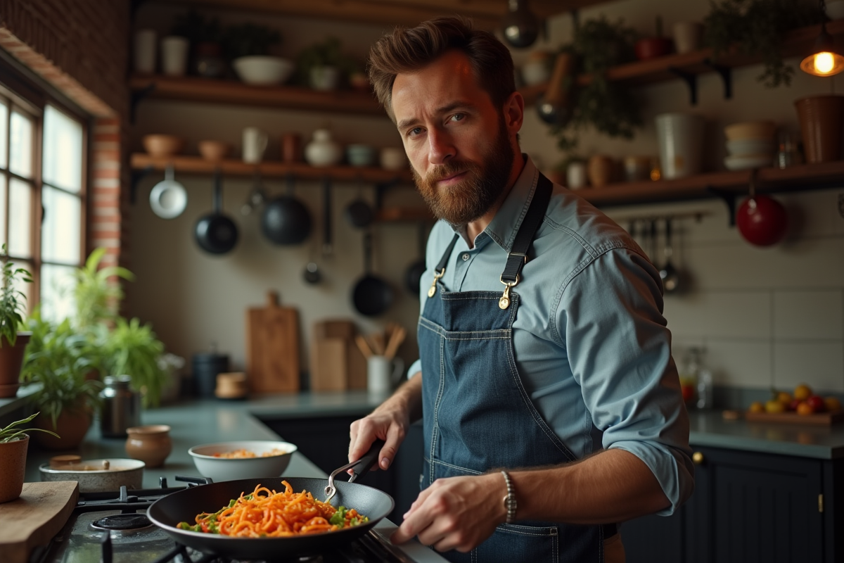 Homme avec un tablier retournant des légumes dans une cuisine rustique