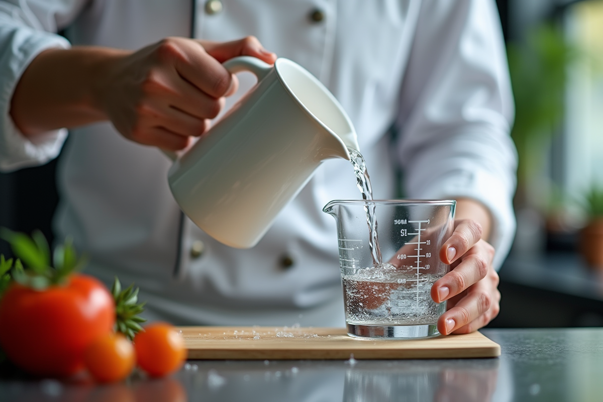 Chef versant de leau dans un verre doseur de 60 ml