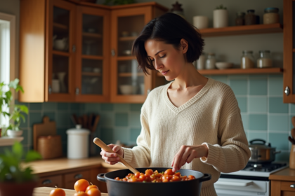 Femme cuisinant un ragoût dans une cocotte en fonte dans une cuisine chaleureuse