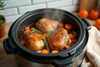 Cuisse de poulet dorée cuite au Cookeo avec carottes et thym dans une cuisine moderne