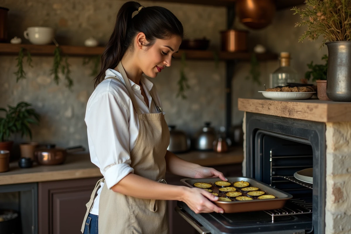 Femme plaçant des tranches d'aubergine au four dans une cuisine méditerranéenne pour un régime sain